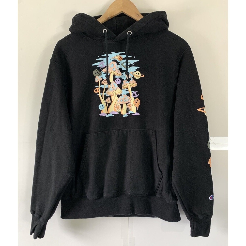 VTG Champion Reverse Weave Hoodie Men's M Black Mushroom Smiley Face Psychedelic